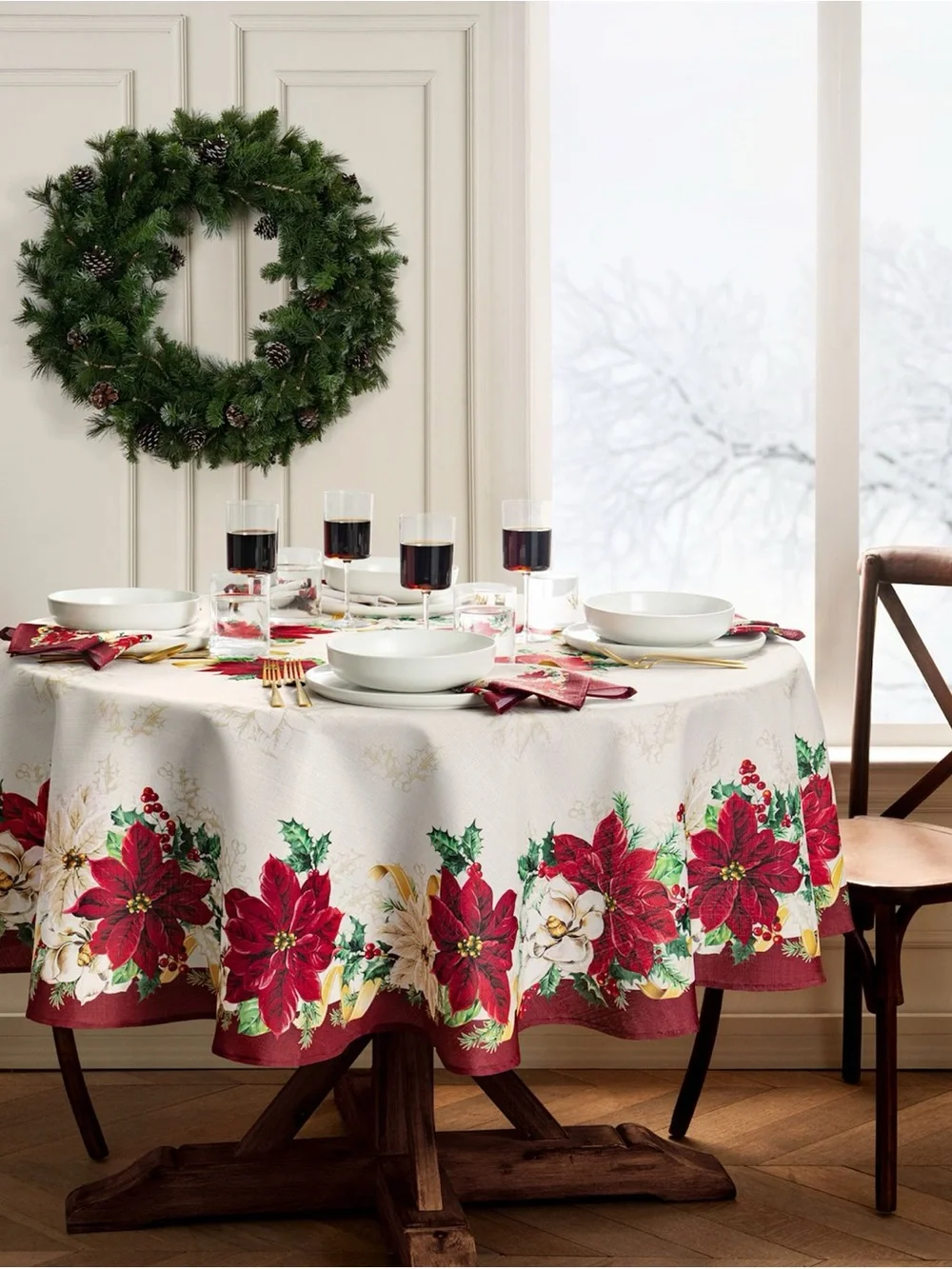 Festive Poinsettia Holiday Tablecloth in Red & White